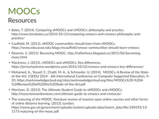 MOOCs
Resources
●
Bates, T. (2014). Comparing xMOOCs and cMOOCs: philosophy and practice.
http://www.tonybates.ca/2014/10/13/comparing-xmoocs-and-cmoocs-philosophy-and-
practice/
●
Caulfield, M. (2013). xMOOC communities should learn from cMOOCs.
https://www.educause.edu/blogs/mcaulfield/xmooc-communities-should-learn-cmoocs
●
Downes, S. (2015). Becoming MOOC. http://halfanhour.blogspot.ca/2015/02/becoming-
mooc.html
●
Mackness, J. (2013). cMOOCs and xMOOCs: Key differences.
https://jennymackness.wordpress.com/2013/10/22/cmoocs-and-xmoocs-key-differences/
●
Mohamed, A., Yousef, F., Chatti, M. A., & Schroeder, U. (2014). MOOCs: A Review of the State-
of-the-Art. CSEDU 2014 - 6th International Conference on Computer Supported Education, 9–
20. https://oerknowledgecloud.org/sites/oerknowledgecloud.org/files/MOOCs%20-%20A
%20Review%20of%20the%20State-of-the-Art.pdf
●
Morrison, D. (2013). The Ultimate Student Guide to xMOOCs and cMOOCs.
http://moocnewsandreviews.com/ultimate-guide-to-xmoocs-and-cmoocso/
●
The maturing of the MOOC: literature review of massive open online courses and other forms
of online distance learning. (2013). London.
https://www.gov.uk/government/uploads/system/uploads/attachment_data/file/240193/13-
1173-maturing-of-the-mooc.pdf
 