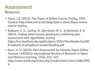 Assessment
Resources
●
Davis, J.E. (2015). The Flaws of Online Course Testing. DML
Central. http://dmlcentral.net/blog/jade-e-davis/flaws-online-
course-testing
●
Kulkarni, C. E., Socher, R., Bernstein, M. S., & Klemmer, S. R.
(2014). Scaling short-answer grading by combining peer
assessment with algorithmic scoring.
https://hci.stanford.edu/publications/2014/PeerStudio/las200
8-kulkarni-ScalingShort-answerGrading.pdf
●
Suen, H. K. (2014). Peer Assessment for Massive Open Online
Courses ( MOOCs). International Review of Research in Open
and Distance Learning, 15(3), 312–327.
http://www.irrodl.org/index.php/irrodl/article/view/1680/290
4
 