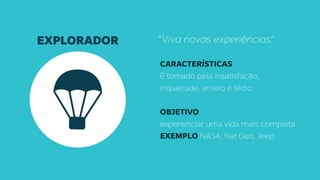 EXPLORADOR “Viva novas experiências.”
CARACTERÍSTICAS
É tomado pela insatisfação,
inquietude, anseio e tédio.
OBJETIVO
experienciar uma vida mais completa
EXEMPLO NASA, Nat Geo, Jeep
 