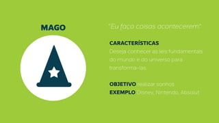 MAGO “Eu faço coisas acontecerem.”
CARACTERÍSTICAS
Deseja conhecer as leis fundamentais
do mundo e do universo para
transforma-las.
OBJETIVO realizar sonhos
EXEMPLO Disney, Nintendo, Absolut
 