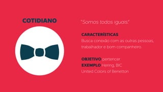 COTIDIANO “Somos todos iguais.”
CARACTERÍSTICAS
Busca conexão com as outras pessoas,
trabalhador e bom companheiro.
OBJETIVO pertencer
EXEMPLO Hering, BIC
United Colors of Benetton
 