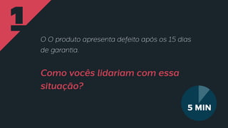 1 O O produto apresenta defeito após os 15 dias
de garantia.
Como vocês lidariam com essa
situação?
5 min
 