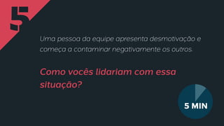 5 Uma pessoa da equipe apresenta desmotivação e
começa a contaminar negativamente os outros.
.
Como vocês lidariam com essa
situação?
5 min
 