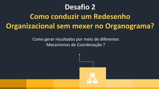 Desafio 2
Como conduzir um Redesenho
Organizacional sem mexer no Organograma?
Como gerar resultados por meio de diferentes
Mecanismos de Coordenação ?
 