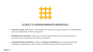O QUE É O GERENCIAMENTO MATRICIAL?
• Controle cruzado: significa que o desempenho dos serviços e processos devem ser acompanhadas
por duas perspectivas, de forma comparada
• Desdobramento em metas: implica que a melhoria do desempenho dos serviços devem ser
ancorada em um conjunto de metas bem estruturadas
• Acompanhamento sistemático: implica em instituir uma dinâmica de acompanhamento dos
resultados, comparando-os com as metas e definindo ações corretivas para os desvios
 