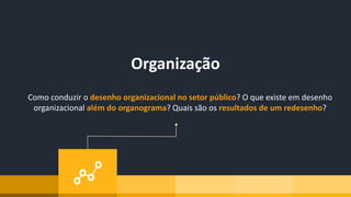 Organização
Como conduzir o desenho organizacional no setor público? O que existe em desenho
organizacional além do organograma? Quais são os resultados de um redesenho?
 