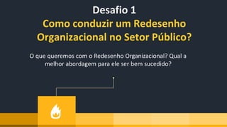 Desafio 1
Como conduzir um Redesenho
Organizacional no Setor Público?
O que queremos com o Redesenho Organizacional? Qual a
melhor abordagem para ele ser bem sucedido?
 