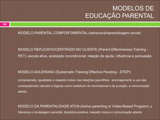 MODELOS DE
EDUCAÇÃO PARENTAL
24
 MODELO PARENTAL COMPORTAMENTAL (behavioral/aprendizagem social)
 MODELO REFLEXIVO/CENTRADO NO CLIENTE (Parent Effectiveness Training -
PET): escuta ativa, aceitação incondicional, relação de ajuda, influência e persuasão.
 MODELO ADLERIANO (Systematic Training Effective Pareting - STEP):
compreensão, igualdade e respeito mútuo nas relações pais-filhos; encorajamento e uso das
consequências naturais e lógicas como substituto da recompensa e da punição; a comunicação
aberta.
 MODELO DA PARENTALIDADE ATIVA (Active parenting or Vídeo-Based Program): a
liderança e modelagem parental; disciplina positiva, respeito mútuo e comunicação aberta.
 