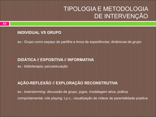 TIPOLOGIA E METODOLOGIA
DE INTERVENÇÃO
 INDIVIDUAL VS GRUPO
ex.: Grupo como espaço de partilha e troca de experiências; dinâmicas de grupo
 DIDÁTICA // EXPOSITIVA // INFORMATIVA
ex.: biblioterapia; psicoeducação
 AÇÃO-REFLEXÃO // EXPLORAÇÃO RECONSTRUTIVA
ex.: brainstorming, discussão de grupo, jogos, modelagem ativa, prática
comportamental, role playing, t.p.c., visualização de vídeos de parentalidade positiva
33
 