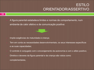 ESTILO
ORIENTADOR/ASSERTIVO
52
 A figura parental estabelece limites e normas de comportamento, num
ambiente de calor afetivo e de comunicação positiva:
 Impõe exigências de maturidade à criança;
 Tem em conta as necessidades desenvolvimentais, os seus interesses específicos
e as suas capacidades;
 O controlo é conjugado com o encorajamento da autonomia e com o afeto positivo;
 Direitos e deveres da figura parental e da criança são vistos como
complementares.
 