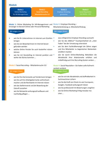 Module 
Modul 1: Online Marketing für HR-ManagerInnen und Einsteiger im Bereich Online oder Personal Marketing 
 wie Sie Ihr Unternehmen im Internet zum Strahlen bringen 
 wie Sie von BewerberInnen im Internet besser 
gefunden werden 
 welche Online Portale Sie auch kostenfrei nützen können 
 wie Sie mit Storytelling im Internet punkten und woher die Stories kommen ... 
Modul 2: Social Recruiting – Mitarbeitersuche 3.0 
 wie Sie Ihre Karriereseite auf Vordermann bringen 
 wie Sie auf Ihre Arbeitgebermarke aufmerksam machen und die Reichweite im Internet nützen 
 wie das Stelleninserat und die Bewerbung der Zukunft aussehen 
 wie Sie Netzwerke wirkungsvoll aufbauen und nachhaltig pflegen ... 
Modul 3: Employer Branding – 
Mitarbeiterbindung vs. Mitarbeiterfindung 
 was erfolgreiches Employer Branding ausmacht 
 wie Sie das JOBshui® Touchpointwheel als „roter Faden“ bei der Umsetzung unterstützt 
 wie Sie dem Fachkräftemangel die Zähne zeigen und Ihre Mitarbeiter zu begeisterten Markenbot- schaftern machen 
 wie Sie durch Online-Marketing Aktivitäten die Attraktivität ihrer Arbeitsmarke erhöhen und mittelfristig auch ihre Recruiting-Kosten senken ... 
Modul 4: Social Reputation—Sie haben volle Aufmerk- samkeit verdient 
 wie Sie sich die Attraktivität und Auffindbarkeit in Suchmaschinen sichern 
 wie Sie die Kraft von Check-Ins wie Foursquare, Google+, Facebook wirkungsvoll nützen 
 wie Sie professionell mit Bewertungen umgehen 
 wie Sie Online Marketing Erfolg messbar ma- chen ... 
Wir zeigen Ihnen, 
Wir zeigen Ihnen, 
Wir zeigen Ihnen, 
Wir zeigen Ihnen, 
Modul 1 
Online Marketing 
für HR-ManagerInnen 
Modul 2 
Social Recruiting 
Mitarbeitersuche 3.0 
Modul 3 
Employer Branding 
grenzenlos 
Modul 4 
Social Reputation 
die Marke—ICH  