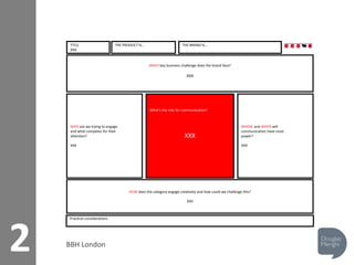 2
Practical considerations
What’s the role for communication?
XXX
WHAT key business challenge does the brand face?
XXX
WHO are we trying to engage
and what competes for their
attention?
XXX
WHERE and WHEN will
communication have most
power?
XXX
HOW does the category engage creatively and how could we challenge this?
XXX
THE PRODUCT IS… THE BRAND IS...TITLE
XXX
BBH London
 