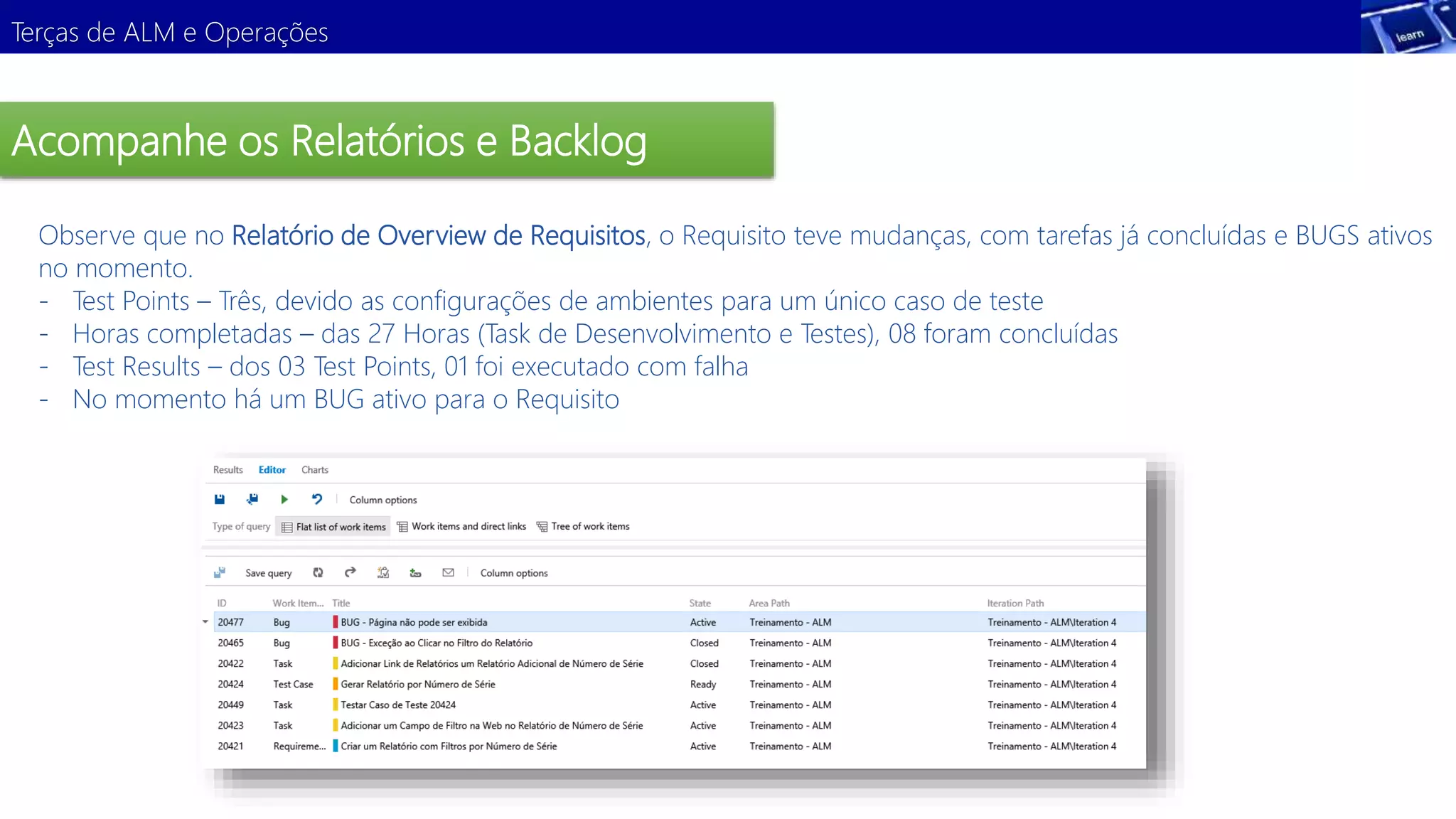 Terças de ALM e Operações 
Acompanhe os Relatórios e Backlog 
Observe que no Relatório de Overview de Requisitos, o Requisito teve mudanças, com tarefas já concluídas e BUGS ativos 
no momento. 
- Test Points – Três, devido as configurações de ambientes para um único caso de teste 
- Horas completadas – das 27 Horas (Task de Desenvolvimento e Testes), 08 foram concluídas 
- Test Results – dos 03 Test Points, 01 foi executado com falha 
- No momento há um BUG ativo para o Requisito 
 