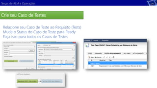 Terças de ALM e Operações 
Crie seu Caso de Testes 
Relacione seu Caso de Teste ao Requisito (Tests) 
Mude o Status do Caso de Teste para Ready 
Faça isso para todos os Casos de Testes 
Demonstração 
 