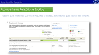 Terças de ALM e Operações 
Acompanhe os Relatórios e Backlog 
Observe que o Relatório de Overview de Requisitos, se atualizou, demonstrando que o requisito está completo. 
 