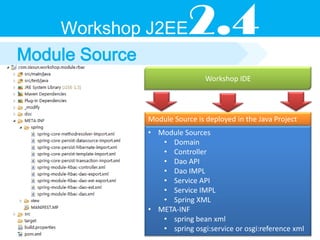 Workshop J2EE        2.4
Module Source
                              Workshop IDE




             Module Source is deployed in the Java Project
             • Module Sources
                • Domain
                • Controller
                • Dao API
                • Dao IMPL
                • Service API
                • Service IMPL
                • Spring XML
             • META-INF
                • spring bean xml
                • spring osgi:service or osgi:reference xml
 