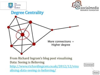 Degree Centrality
From Richard Ingram’s blog post visualising
Data: Seeing is Believing
http://www.richardingram.co.uk/2012/12/visu
alising-data-seeing-is-believing/
 
