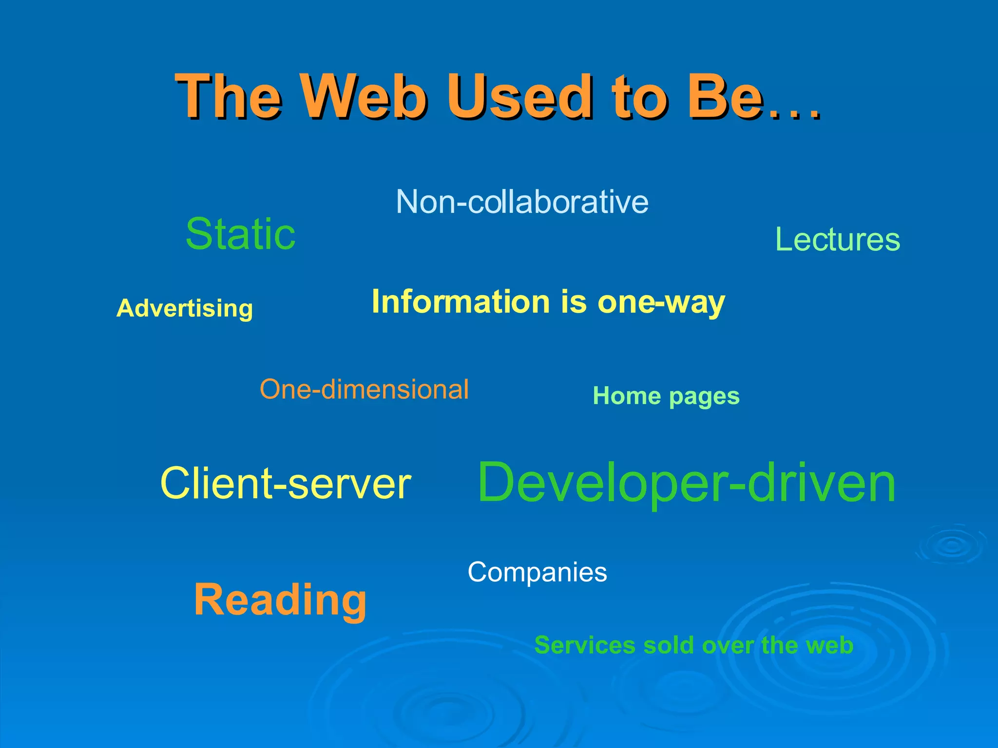 The Web Used to Be … Static Information is one-way Developer-driven One-dimensional Non-collaborative Client-server Reading Companies Home   pages Lectures Advertising Services sold over the web 