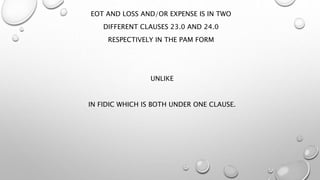 EOT AND LOSS AND/OR EXPENSE IS IN TWO
DIFFERENT CLAUSES 23.0 AND 24.0
RESPECTIVELY IN THE PAM FORM
UNLIKE
IN FIDIC WHICH IS BOTH UNDER ONE CLAUSE.
 