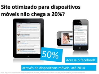 Site otimizado para dispositivos
móveis não chega a 20%?
Acessa o fecebooK
através de dispositivos móveis, até 2014
Image: http://www.bravenewcode.com/product/wptouch-pro/?utm_campaign=wptouch-home-top&utm_medium=web&utm_source=bravenewcode
 