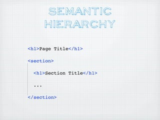 Semantic
        Hierarchy
<h1>Page Title</h1>

<section>

  <h1>Section Title</h1>

  ...

</section>
 