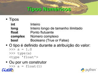 Tipos Numéricos Tipos int Inteiro long Inteiro longo de tamanho ilimitado float Ponto flutuante complex Número complexo bool Booleano (True or False) O tipo é definido durante a atribuição do valor: >>> a = 1.0 >>> type(a) <type 'float'> Ou por um construtor >>> a = float(1) 