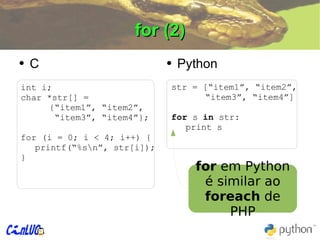 for (2) C Python int i; char *str[] = {“item1”, “item2”,  “ item3”, “item4”}; for (i = 0; i < 4; i++) { printf(“%s\n”, str[i]); } str = [“item1”, “item2”,  “ item3”, “item4”] for  s  in  str: print s for  em Python é similar ao  foreach  de PHP 