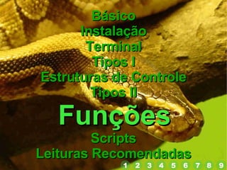 Básico Instalação Terminal Tipos I Estruturas de Controle Tipos II Funções Scripts Leituras Recomendadas 