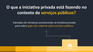 Exemplos de iniciativas acontecendo na iniciativa privada
para cobrir gaps não cobertos pelos serviços públicos
O que a iniciativa privada está fazendo no
contexto de serviços públicos?
 