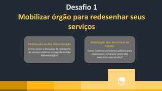 Desafio 1
Mobilizar órgão para redesenhar seus
serviços
Mobilização da Alta Administração
Como incluir a discussão de redesenho
de serviços públicos na agenda da Alta
Administração?
Mobilização dos Executores do
Serviço
Como mobilizar servidores públicos para
repensarem a maneira como eles
executam suas tarefas?
 
