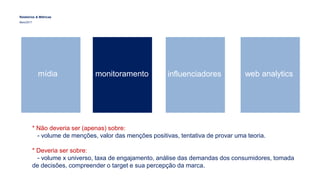 Relatórios & Métricas
Maio/2017
mídia monitoramento influenciadores web analytics
* Não deveria ser (apenas) sobre:
- volume de menções, valor das menções positivas, tentativa de provar uma teoria.
* Deveria ser sobre:
- volume x universo, taxa de engajamento, análise das demandas dos consumidores, tomada
de decisões, compreender o target e sua percepção da marca.
 