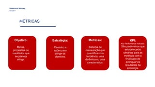 Relatórios & Métricas
Maio/2017
MÉTRICAS
Estratégia:
Caminho e
ações para
atingir os
objetivos.
Objetivo:
Metas,
propósitos ou
resultados que
se planeja
atingir.
Métricas:
Sistema de
mensuração que
quantifica uma
tendência, uma
dinâmica ou uma
característica.
KPI:
Key Performance Indicator.
São parâmetros que
estabelecerão
cenários para as
métricas com a
finalidade de
averiguar os
resultados da
estratégia.
 