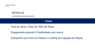 Relatórios & Métricas
Maio/2017
MÉTRICAS
Cases
Taxa de Views x Taxa de 100% de Views
Engajamento pessoal X Credibilidade com marca
Campanha com Foco em Cliques x Landing sem Opções de Cliques
 
