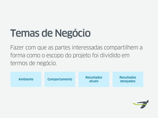 Temas de Negócio
Fazer com que as partes interessadas compartilhem a
forma como o escopo do projeto foi dividido em
termos de negócio.

                              Resultados   Resultados
   Ambiente   Comportamento
                                atuais     desejados
 