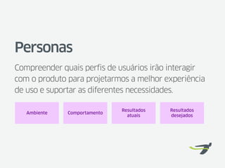 Personas
Compreender quais perfis de usuários irão interagir
com o produto para projetarmos a melhor experiência
de uso e suportar as diferentes necessidades.

                              Resultados   Resultados
   Ambiente   Comportamento
                                atuais     desejados
 