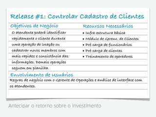 Release #1: Controlar Cadastro de Clientes
Objetivos de Negócio                   Recursos Necessários
 O atendente poderá identificar       • Infra-estrutura básica
 rapidamente o cliente durante        • Módulo de Gerenc. de Clientes
 uma operação de locação ou           • Pré-carga de funcionários
 cadastrar novos membros com          • Pré-carga de clientes
 mais rapidez e consistência das      • Treinamento de operadores
 informações. Demais operações
 seguem em planilha.
Envolvimento de Usuários
Regras de negócio com o Gerente de Operações e análise de interface com
os atendentes.



Antecipar o retorno sobre o investimento
 