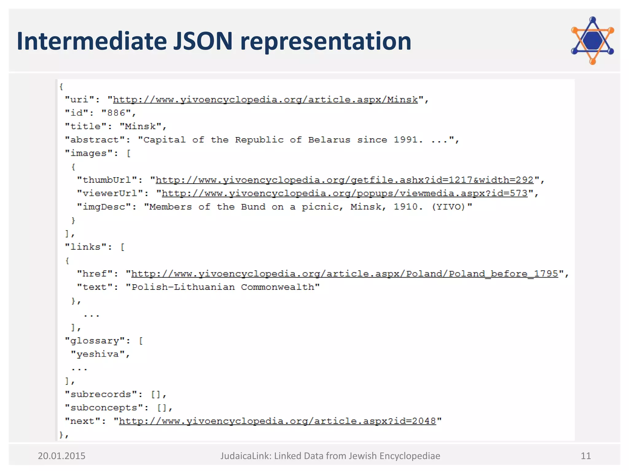 Intermediate JSON representation
JudaicaLink: Linked Data from Jewish Encyclopediae 1120.01.2015
 