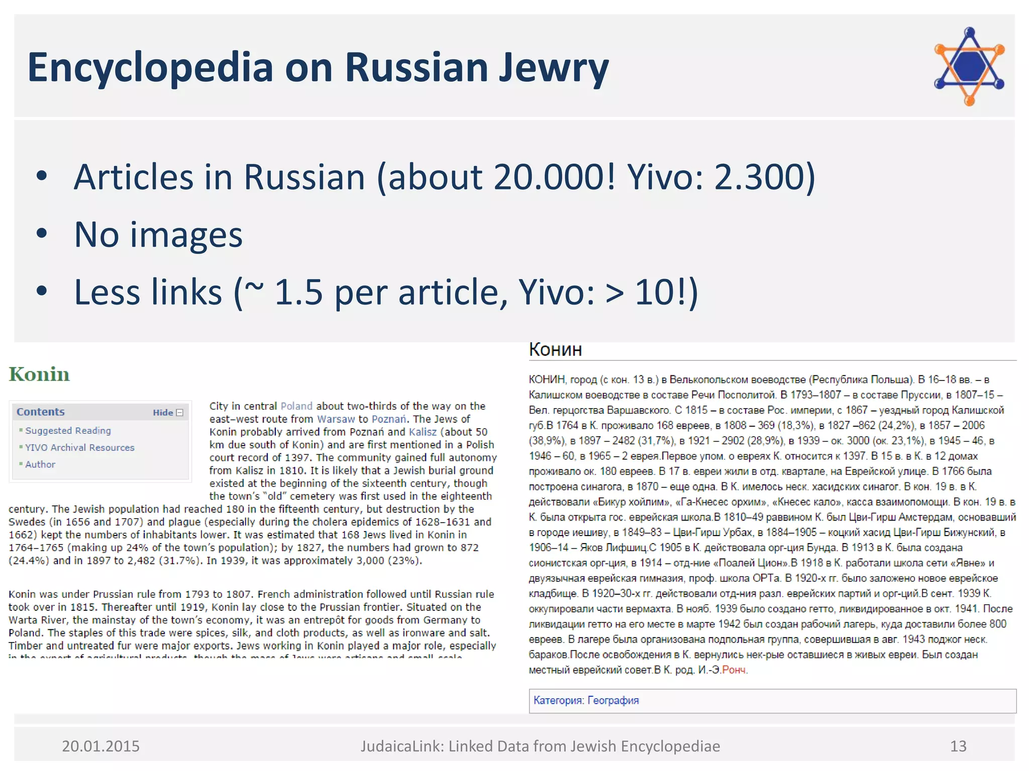 Encyclopedia on Russian Jewry
• Articles in Russian (about 20.000! Yivo: 2.300)
• No images
• Less links (~ 1.5 per article, Yivo: > 10!)
JudaicaLink: Linked Data from Jewish Encyclopediae 1320.01.2015
 
