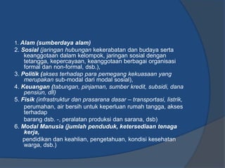 1. Alam (sumberdaya alam)
2. Sosial (jaringan hubungan kekerabatan dan budaya serta
keanggotaan dalam kelompok, jaringan sosial dengan
tetangga, kepercayaan, keanggotaan berbagai organisasi
formal dan non-formal, dsb.),
3. Politik (akses terhadap para pemegang kekuasaan yang
merupakan sub-modal dari modal sosial),
4. Keuangan (tabungan, pinjaman, sumber kredit, subsidi, dana
pensiun, dll)
5. Fisik (infrastruktur dan prasarana dasar – transportasi, listrik,
perumahan, air bersih untuk keperluan rumah tangga, akses
terhadap
barang dsb. -, peralatan produksi dan sarana, dsb)
6. Modal Manusia (jumlah penduduk, ketersediaan tenaga
kerja,
pendidikan dan keahlian, pengetahuan, kondisi kesehatan
warga, dsb.)
 