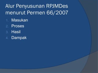 Alur Penyusunan RPJMDes
menurut Permen 66/2007
1. Masukan
2. Proses
3. Hasil
4. Dampak
 