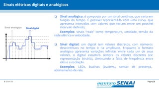 Página 28© SENAI-DN
Sinais elétricos digitais e analógicos
❏ Sinal analógico: é composto por um sinal contínuo, que varia em
função do tempo. É possível representá-lo com uma curva, que
apresenta intervalos com valores que variam entre um possível
intervalo definido;
Exemplos: sinais “reais” como temperatura, umidade, tensão da
rede elétrica e velocidade.
❏ Sinal digital: um digital tem valores discretos, com números
descontínuos no tempo e na amplitude. Enquanto o formato
analógico apresenta variações infinitas entre cada um de seus
valores, o digital assumirá sempre os valores discretos (ex:
representação binária), diminuindo a faixa de frequência entre
eles e a oscilação.
Exemplos: LEDs, buzinas (buzzers), sensor de presença,
acionamento de rele.
Sinal analógico Sinal digital
 