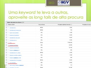 SEO


Uma keyword te leva a outras,
aproveite as long tails de alta procura
 
