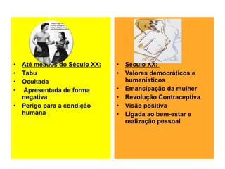 Até meados do Século XX: Tabu Ocultada Apresentada de forma negativa Perigo para a condição humana Século XX:  Valores democráticos e humanísticos  Emancipação da mulher  Revolução Contraceptiva Visão positiva Ligada ao bem-estar e realização pessoal 
