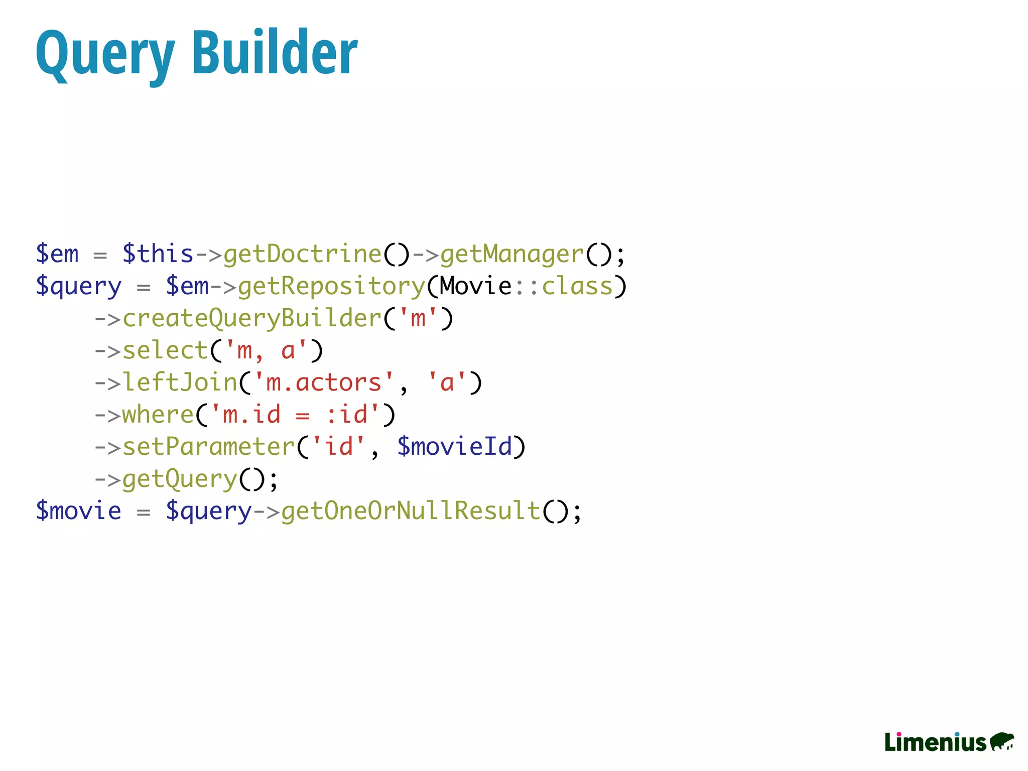 Query Builder
$em = $this->getDoctrine()->getManager();
$query = $em->getRepository(Movie::class)
->createQueryBuilder('m')
->select('m, a')
->leftJoin('m.actors', 'a')
->where('m.id = :id')
->setParameter('id', $movieId)
->getQuery();
$movie = $query->getOneOrNullResult();
 