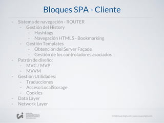 Bloques SPA - Cliente
- Sistema de navegación - ROUTER
- Gestión del History
- Hashtags
- Navegación HTML5 - Bookmarking
- Gestión Templates
- Obtención del Server Façade
- Gestión de los controladores asociados
- Patrón de diseño:
- MVC / MVP
- MVVM
- Gestión Utilidades:
- Traducciones
- Acceso LocalStorage
- Cookies
- Data Layer
- Network Layer
 