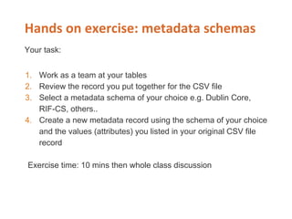 Your task:
1. Work as a team at your tables
2. Review the record you put together for the CSV file
3. Select a metadata schema of your choice e.g. Dublin Core,
RIF-CS, others..
4. Create a new metadata record using the schema of your choice
and the values (attributes) you listed in your original CSV file
record
Exercise time: 10 mins then whole class discussion
 