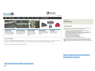 http://www.geosamples.org/igsnabo
ut
https://www.ands.org.au/online-s
ervices/igsn-service
 