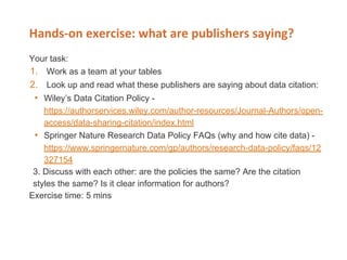 Your task:
1. Work as a team at your tables
2. Look up and read what these publishers are saying about data citation:
• Wiley’s Data Citation Policy -
https://authorservices.wiley.com/author-resources/Journal-Authors/open-
access/data-sharing-citation/index.html
• Springer Nature Research Data Policy FAQs (why and how cite data) -
https://www.springernature.com/gp/authors/research-data-policy/faqs/12
327154
3. Discuss with each other: are the policies the same? Are the citation
styles the same? Is it clear information for authors?
Exercise time: 5 mins
 