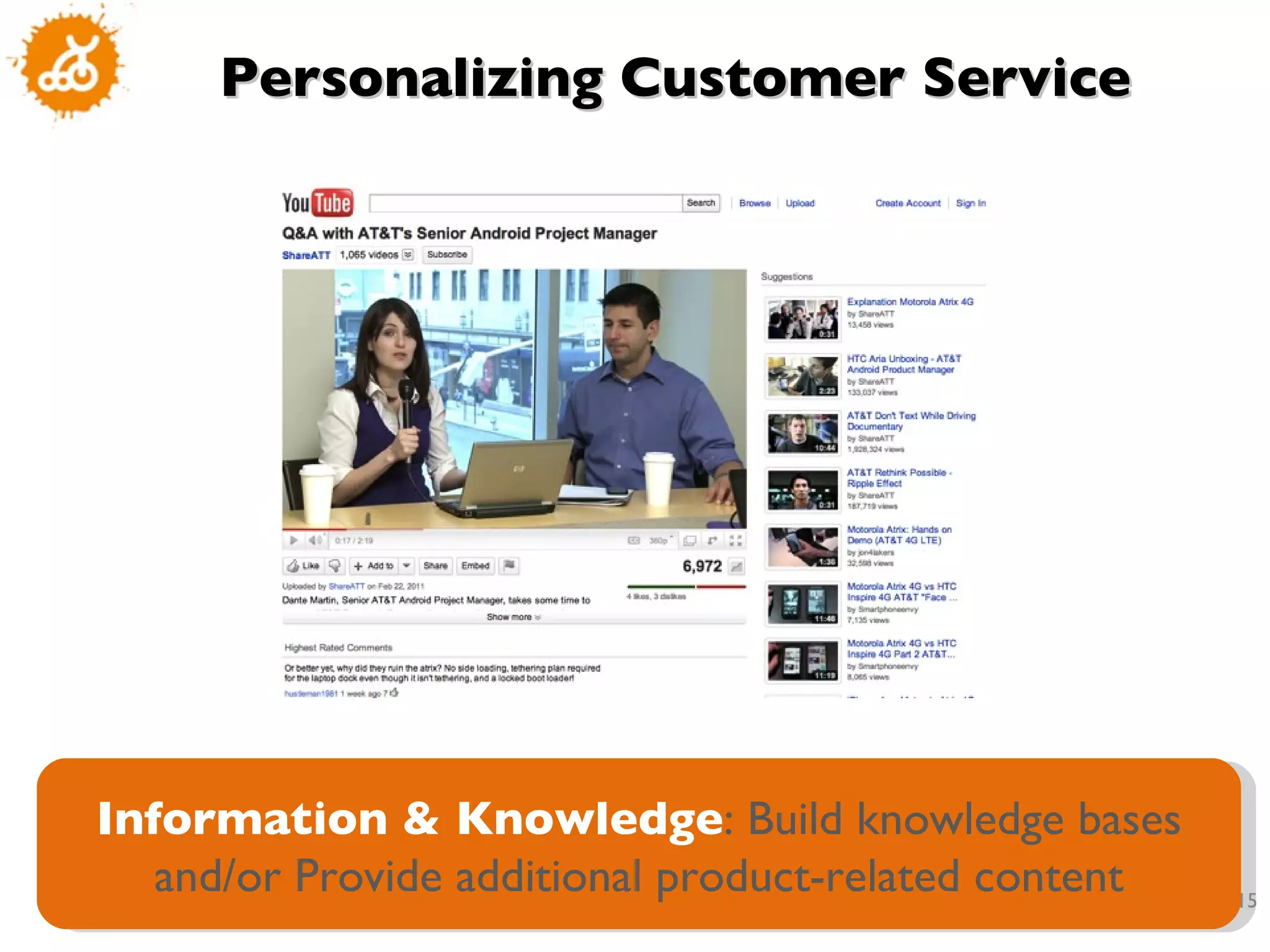 Information & Knowledge : Build knowledge bases and/or Provide additional product-related content Personalizing Customer Service 