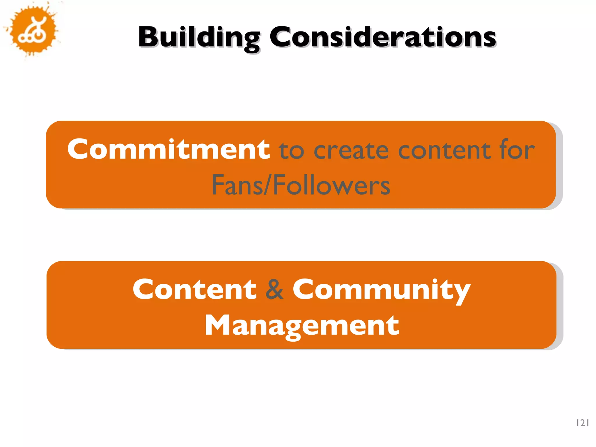 Building Considerations Commitment  to create content for Fans/Followers Content  &  Community Management 